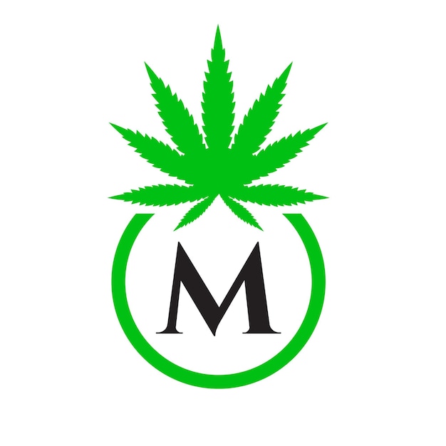 Cannabis Logo Sign Concept M Alphabet Symbol for Therapy, Medical and Health Care and Marijuana Log