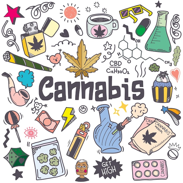 Cannabis Marihuana Traditional Doodle Icons Sketch Hand Made Design