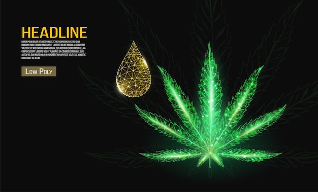 Cannabis oil concept. Low poly hemp and oil drop on black background.