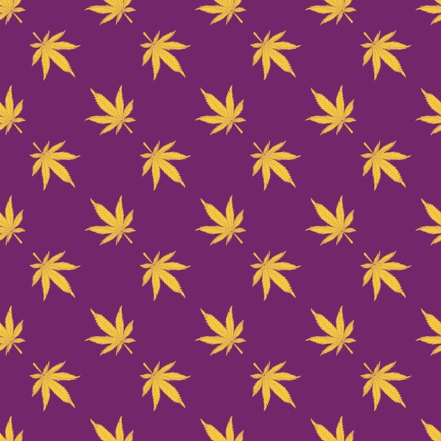 Cannabis seamless pattern Yellow hemp leaves on a purple background