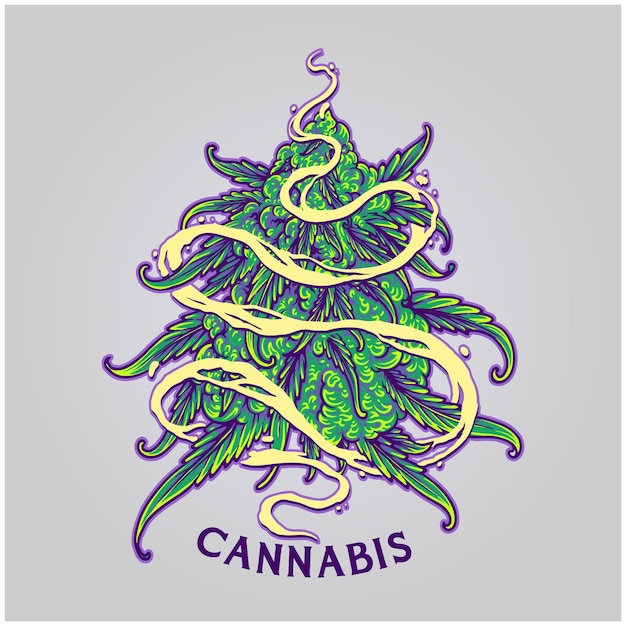 Cannabis smoke effect swirls with weed leaf plant logo cartoon illustration