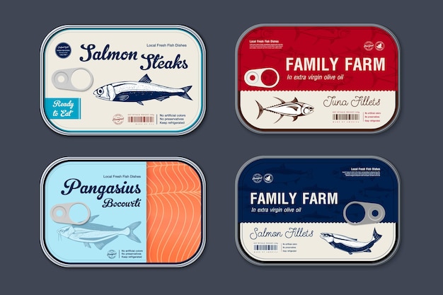 Canned anchovy label template, vector fish tin can with label cover, packaging design concept