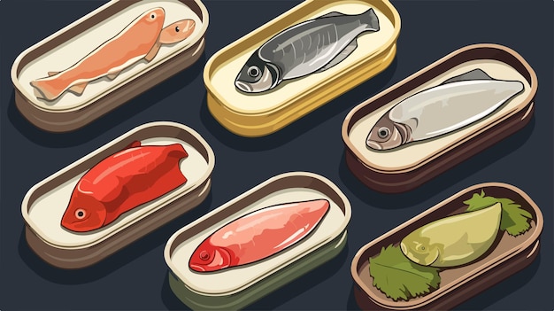 Vector canned fish concept in tin or aluminum can natural setting