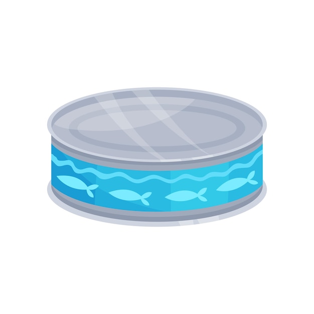 Vector canned fish tinned food in a blue metal can cartoon vector illustration on a white background