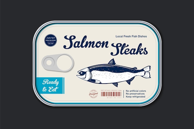 Canned king salmon label template, vector fish tin can with label cover, packaging design concept