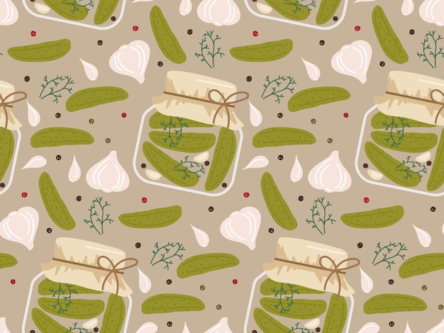 Canned vegetables background. Seamless pattern with pickled cucumber jars. Hand drawn doodle sketch