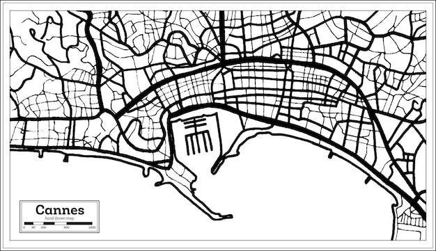 Cannes France City Map in Black and White Color in Retro Style Outline Map