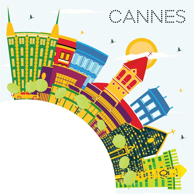 Cannes France City Skyline with Color Buildings, Blue Sky and Copy Space. Vector Illustration. Business Travel and Tourism Concept with Historic Buildings. Cannes Cityscape with Landmarks.