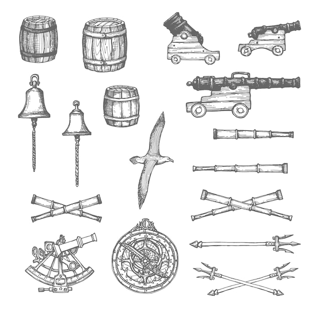 Cannon, barrel and spyglass, bell, trident and astrolabe, sextant sketch. Medieval sailing equipment, fleet navigation instruments and weapons, mortar, albatross bird hand drawn vector icon collection