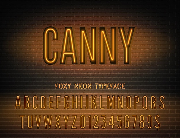 Canny sign with narrow orange neon alphabet on dark brick background Foxy night light glowing effect font with numbers Vector illustration