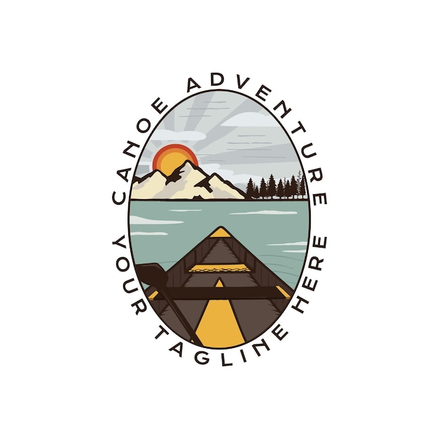 Canoe Adventure badge design with mountains and lake Travel logo graphics Stock vector camping label