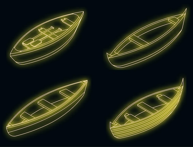 Canoeing icons set vector neon