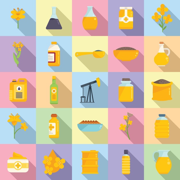 Canola icons set flat vector. Seed rapeseed. Cuisine oil