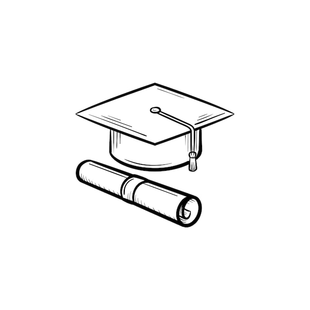 Cap of graduate and certificate degree hand drawn outline doodle icon. Vector sketch icon of graduation cap and degree certificate for print, web, mobile and infographics isolated on white background.