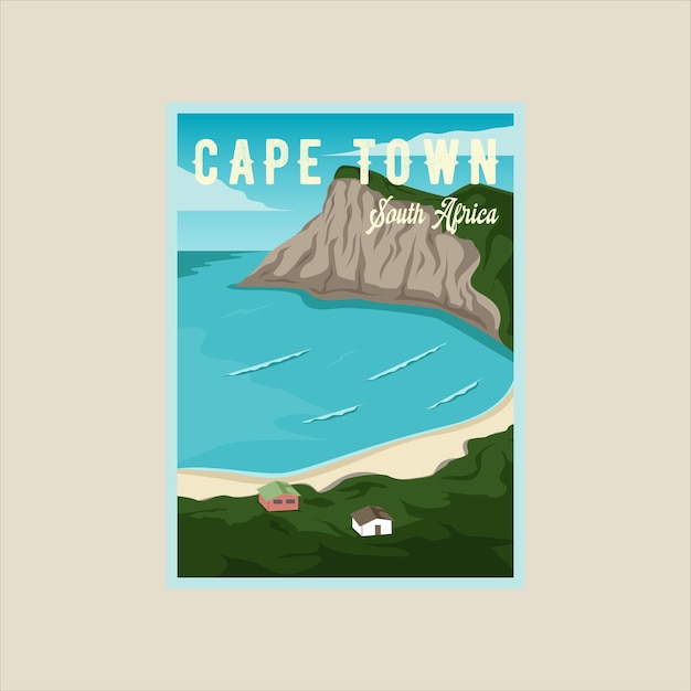 Cape town beach poster vector illustration template graphic design famous south africa island landscaped view for business travel or adventure leisure concept