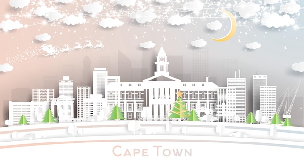 Cape Town South Africa City Skyline in Paper Cut Style with Snowflakes Moon and Neon Garland