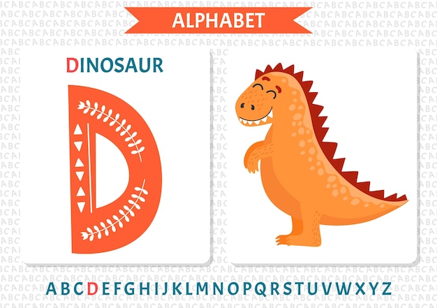 Capital letter D of childish English alphabet with cute baby orange dinosaur Kids font with funny animal for kindergarten and preschool education Handdrawn flat vector illustration isolated on white