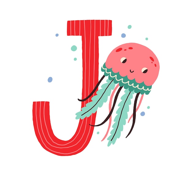 Capital letter J of English childish alphabet with jellyfish. Funny kids font for kindergarten and preschool education. Hand-drawn colored flat vector illustration isolated on white background.