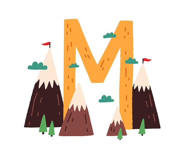 Capital letter M of English childish alphabet with animal in scandi style. Kids font with mountains for kindergarten and preschool education. Flat vector illustration isolated on white background.