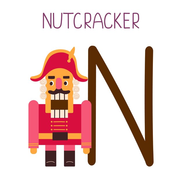 Capital letter N of English childish alphabet with nutcracker Cute kids font for kindergarten and school education