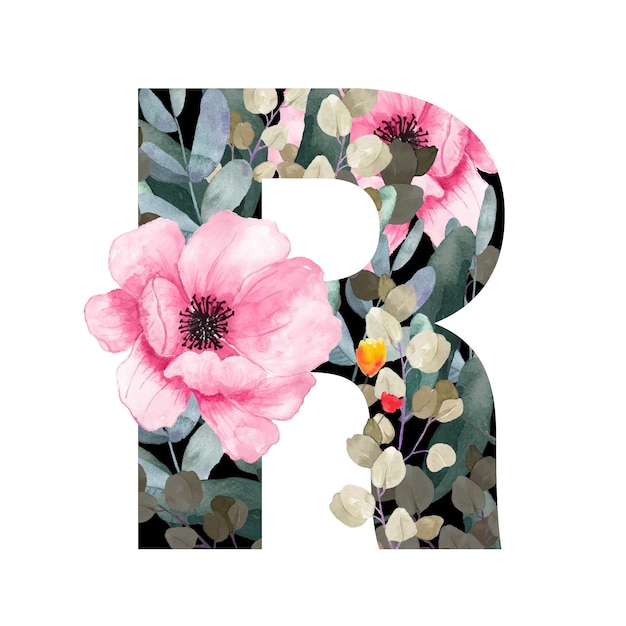 Capital letter R floral style With flowers and leaves of plants