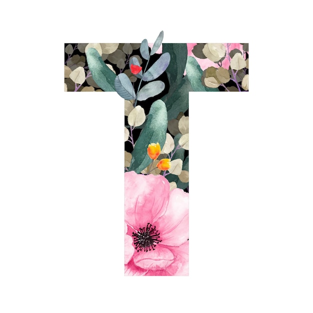 Capital letter T floral style With flowers and leaves of plants