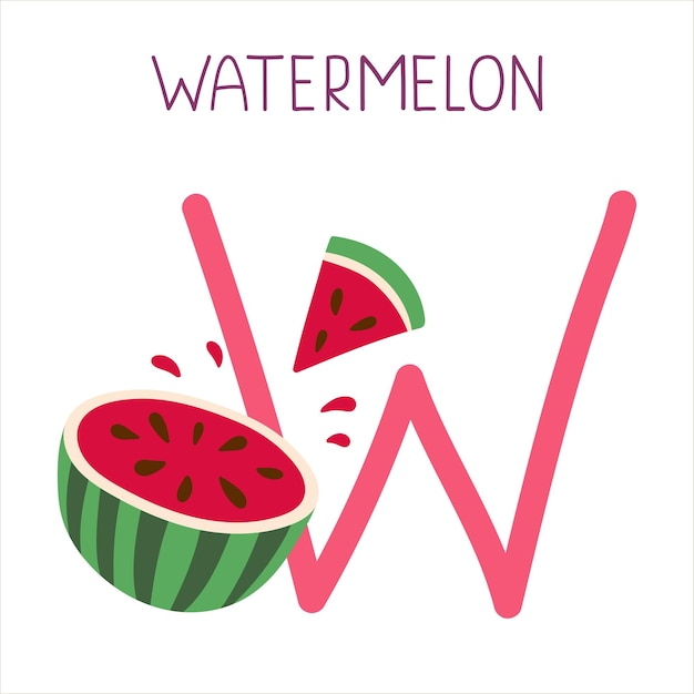 Capital letter W of English childish alphabet with watermelon Cute kids font for kindergarten and school education