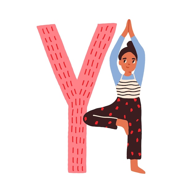 Capital letter Y of childish English alphabet with child practicing yoga. Funny kids font for children learning. Hand-drawn colored flat vector illustration isolated on white background.