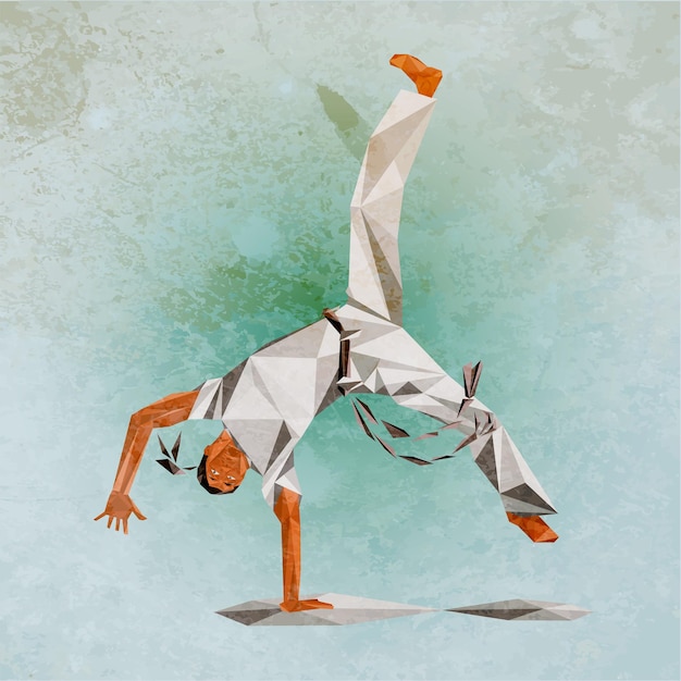 Capoeira dancer of the triangles on the grunge background polygonal design standing on one hand