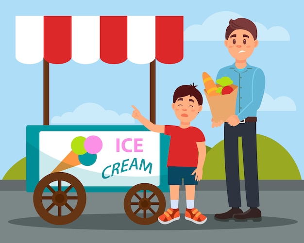 Capricious child asking his father to buy ice cream  Illustration in flat style