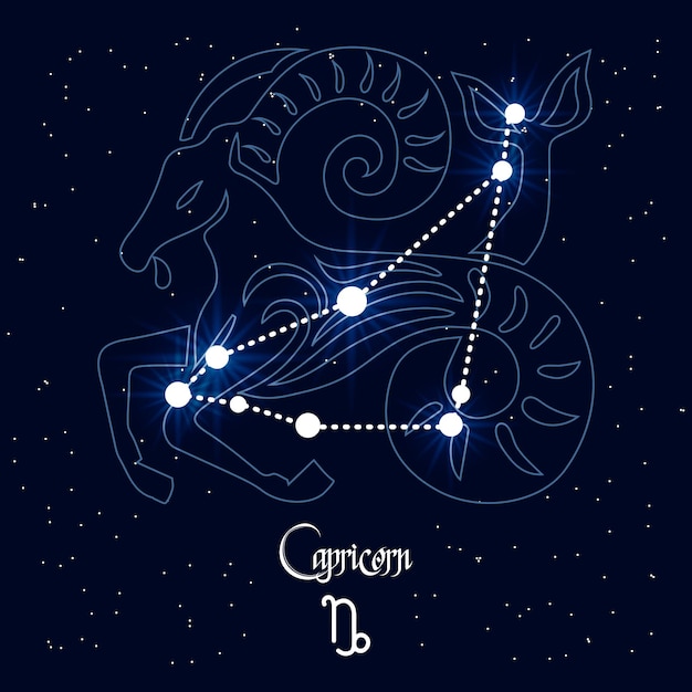 Capricorn, constellation and zodiac sign on the background of the cosmic universe. Blue and white