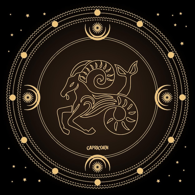 Capricorn zodiac sign, astrological horoscope sign in a mystical circle with moon, sun and stars.