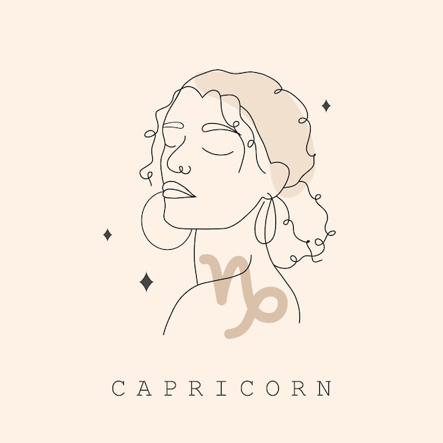 Capricorn zodiac sign One line drawing Astrological icon with abstract woman face Mystery and esoteric outline logo Horoscope symbol Linear vector illustration in minimalist style