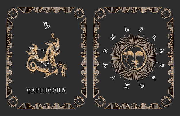 Capricorn zodiac symbol in vector horoscope card