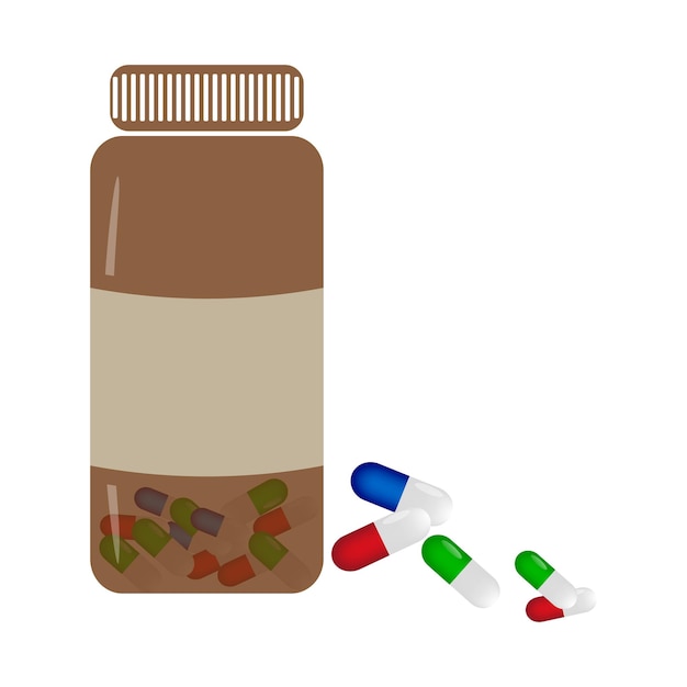 Capsule pills near the brown bottle. Medicine concept.