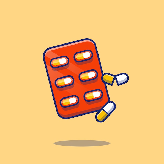 Capsule Pills Strip Cartoon   Icon Illustration. Healthcare Medicine Icon Concept Isolated  . Flat Cartoon Style