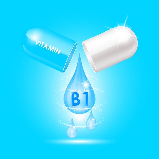 Capsule vitamin B1 Thiamine structure Blue white open as drop of water Drug business concept.