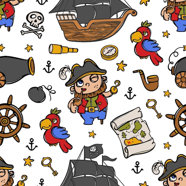 CAPTAIN HOOK And Black Sails Cartoon Hand Drawn Seamless Pattern Vector Illustration On White Background With Various Sea Attributes Fairy Tale For Print