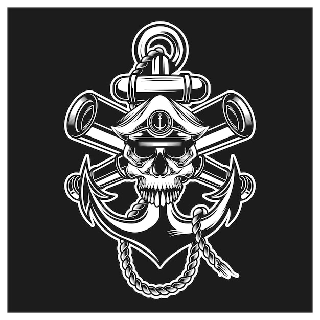 captain skull head anchor, rope and binoculars