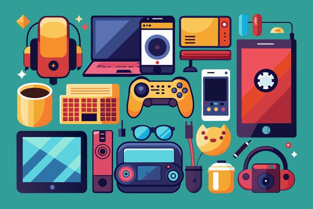 Vector a captivating assortment of gadgets includes headphones laptops and gaming devices arranged artistically gadgets collection trending