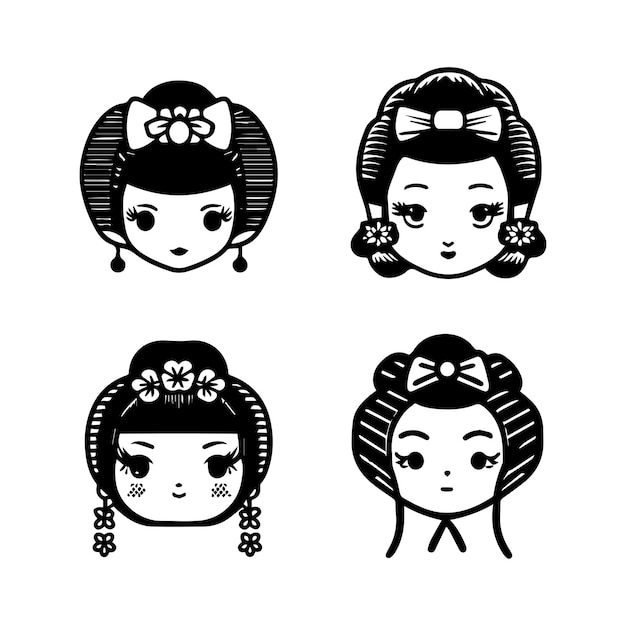 Captivating and charming Hand drawn kawaii collection set featuring cute anime Japanese geisha