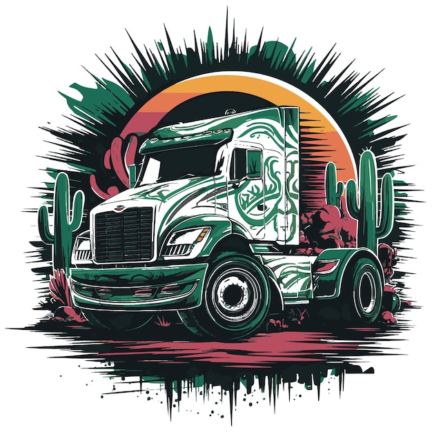 Vector a captivating illustration of a monstrous stylized truck in striking green and white hues