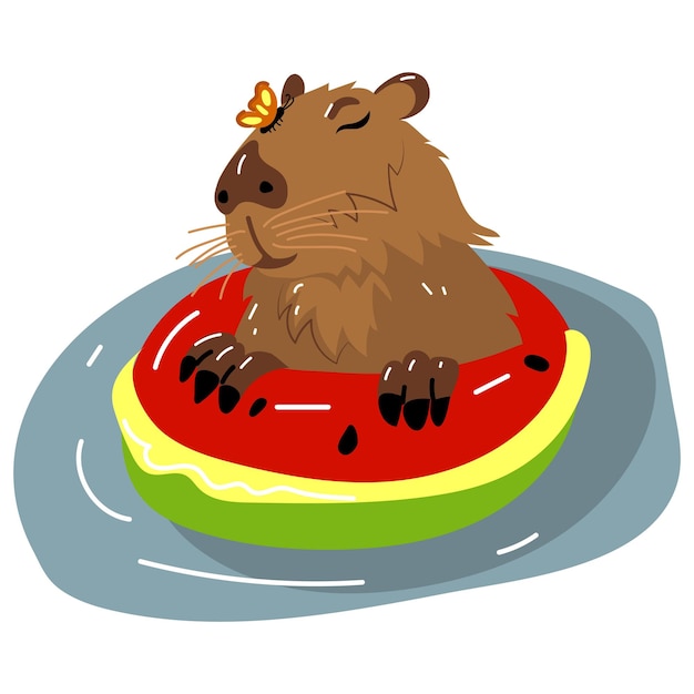 Vector a capybara in a japanese hot spring onsen in a circle in the form of a watermelon with a butterfly