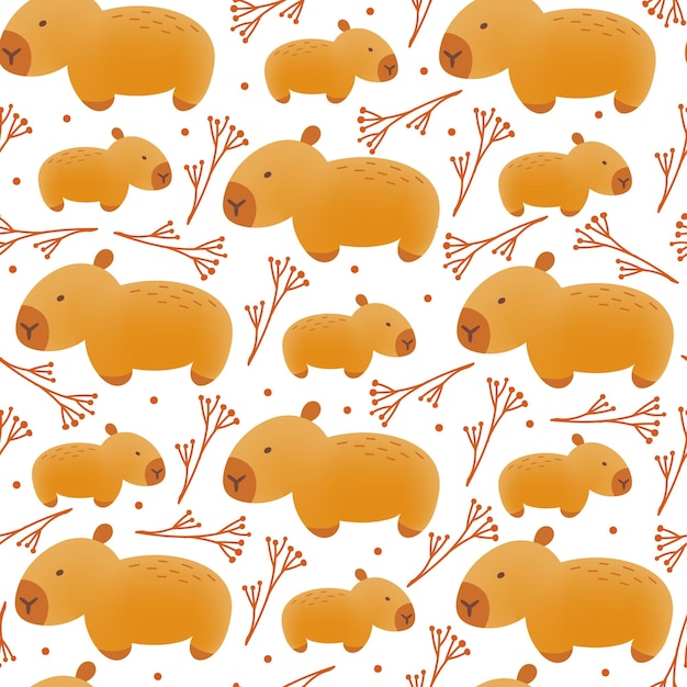 Capybara with flowers seamless pattern on white background vector illustration of cute cartoon