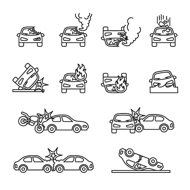 Car accident, Car crash related vector icon set.