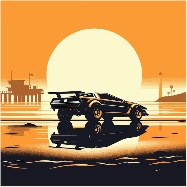 Vector car on the beach with palm silhouettes on background summer time themed vector illustration for pos