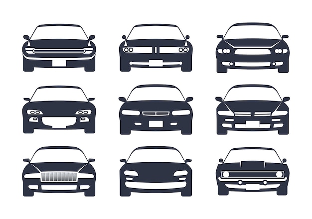 Vector car black silhouette. cars front view icon set, vehicle projection monochrome mockup, regular sedan auto for family, race or different services, automobile pictogram vector isolated illustration