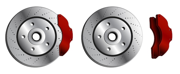 Car brake disc with red brake pads Brake pads car parts Maintenance in workshop Vector in realistic style