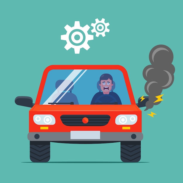 the car broke down and smokes. upset driver. flat  illustration.