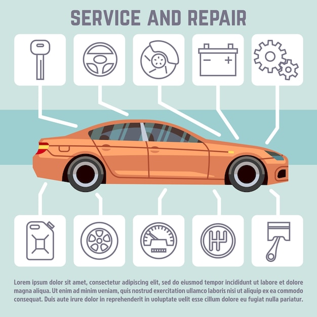 Car and car parts, service and repair line icons vector infographic template. Banner with automobile